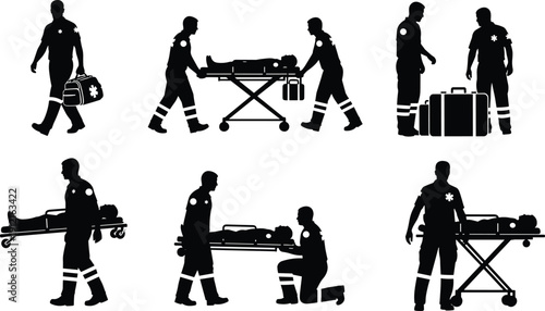 Emergency medical paramedic silhouette vector illustration, patient care and stretcher transport scenes, healthcare workers with medical equipment - flat vector illustration