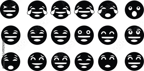 Emoji style faces, cartoon emoticons, laughing crying smiling icons, expressive emotions, digital communication artwork, black white design - flat vector illustration