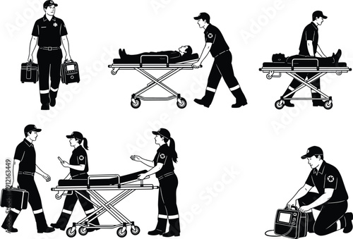 Emergency medical technician silhouettes, EMT patient care, stretcher transport icons, medical bag defibrillator, healthcare teamwork artwork, black white design - flat vector illustration