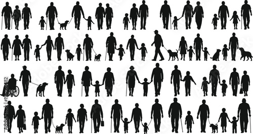 Family and social group silhouette vector illustration, adults, children, elderly, pets, diverse interactions and inclusivity - flat vector illustration