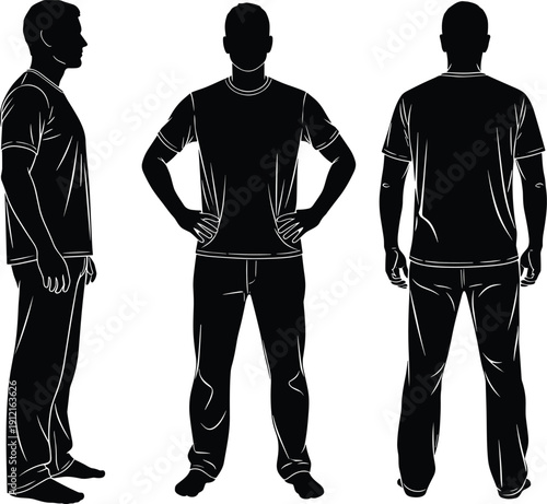 Human figure silhouettes, front side back views, t-shirt pants attire, fashion design reference, character modeling artwork, anatomy study - flat vector illustration