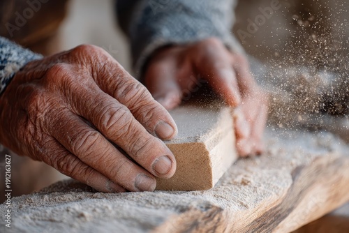 A close-up of hands sanding wood, creating dust particles in the air, showcasing craftsmanship and attention to detail.