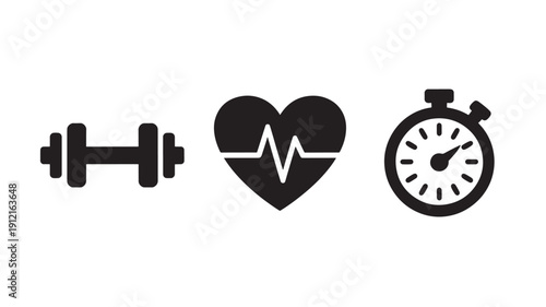Vector Illustration Of Fitness Icons With Dumbbell, Heart Rate, And Stopwatch For Healthy Lifestyle And Exercise Concept