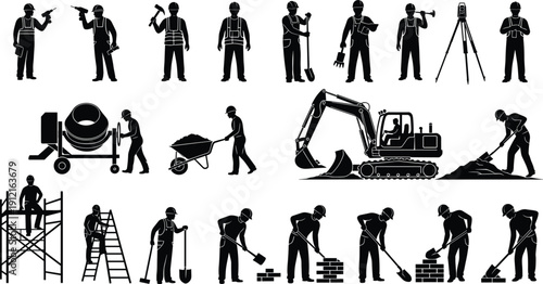 Construction worker silhouette vector illustration, diverse tasks with tools, machinery, scaffolding, ladders, and safety gear - flat vector illustration