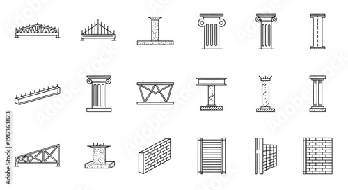 Ancient Greek architectural elements in minimalist line art style with subtle shading for historical design