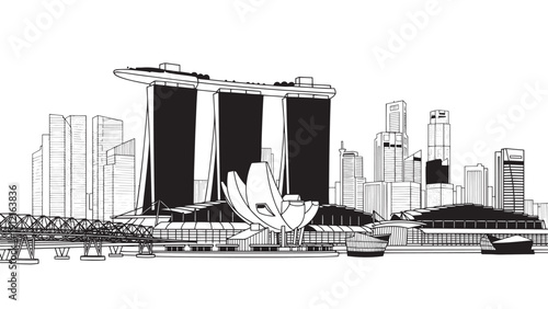 Iconic Singapore City Skyline with Marina Bay Sands and Merlion.