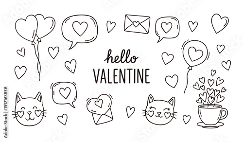 Black And White Hand Drawn Valentine Greeting With Hearts Cats Envelopes And Coffee Cup Handdrawn Love
