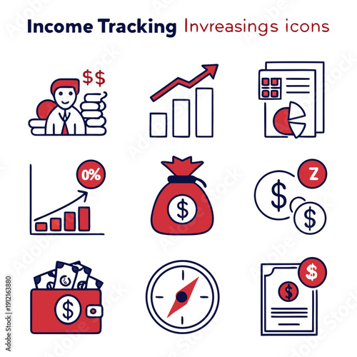 A collection of income tracking icons in red and blue Vector
