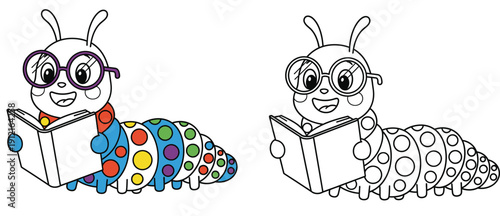 Adorable Caterpillar Wearing Glasses to Read a Book Children's Education and Learning Illustration Kids Can Have Fun Reading Character Color and Outline Vector