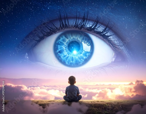 Surreal image of a child gazing at a giant eye in the sky