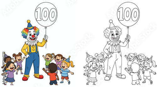 Illustration of a Happy Clown Holding a Number 100 Balloon with Children for a Celebration Learning and Coloring Activities with an Educational Counting Concept Color and Outline Vector