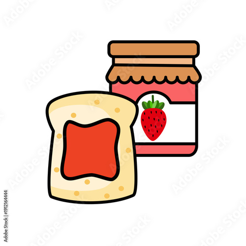 Slice of toast with strawberry jam spread on top, accompanied by a jar of strawberry jam. 