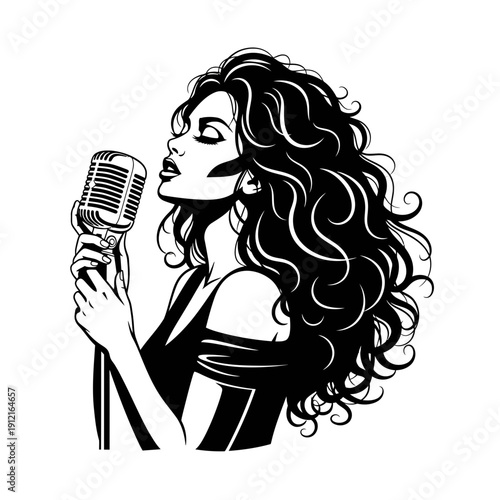 Female Vocalist with Curly Hair and Microphone – Performer Singing in Silhouette Vector

