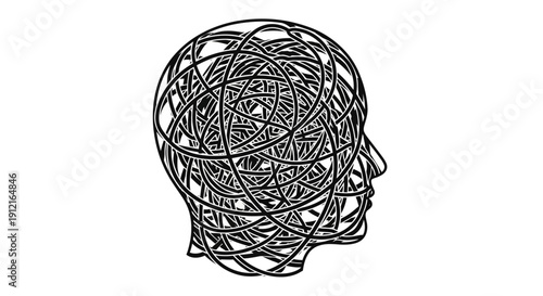 A wireframe illustration of a human head in profile, symbolizing mental health and emotional turmoil, viewed from the side