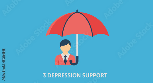 A person in a red jacket under a red umbrella, symbolizing support for depression recovery, viewed from the front in a simple graphic illustration