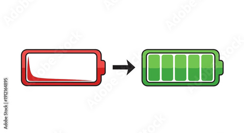 Battery charging from empty to full capacity illustrated with red and green icons