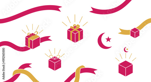 
Festive Gift Box And Crescent Celebration Banner Set With Holiday Ribbon Elements And Flat Icons
