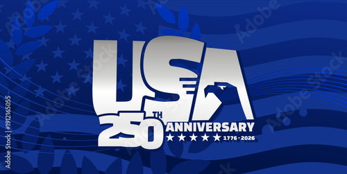 Usa 250th anniversary celebration banner with eagle, stars and blue wavy flag background, patriotic vector illustration