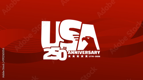 Usa 250th anniversary celebration banner with eagle, stars and blue wavy flag background, patriotic vector illustration
