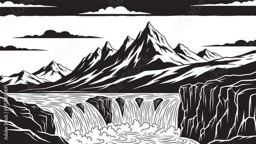 Monochrome mountain landscape with rugged peaks and a cascading waterfall.