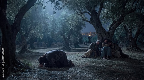 Man praying beneath olive tree with friends sleeping nearby in Gethsemane Garden at night. Bible story about Christ Agony in the Garden at Holy Week.