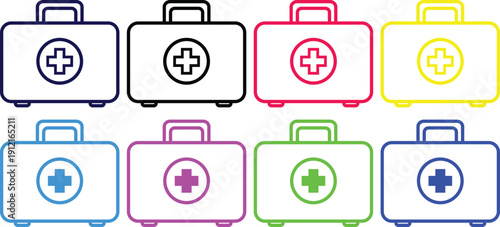Collection of eight first aid kits in various bright colors medical kit health emergency