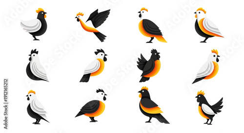 
Colorful Stylized Bird Character Set With Flat Cartoon Shapes And Multi Pose Feathered Mascot Collection

