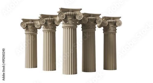 Five classical columns isolated on transparent background