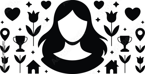 Female Silhouette with Icons  Abstract Woman Concept Vector Illustration