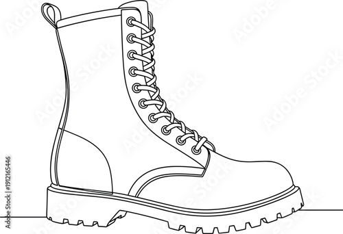 Combat boot line drawing vector illustration, high ankle rugged footwear with laces, thick tread sole, fashion design sketch - flat vector illustration