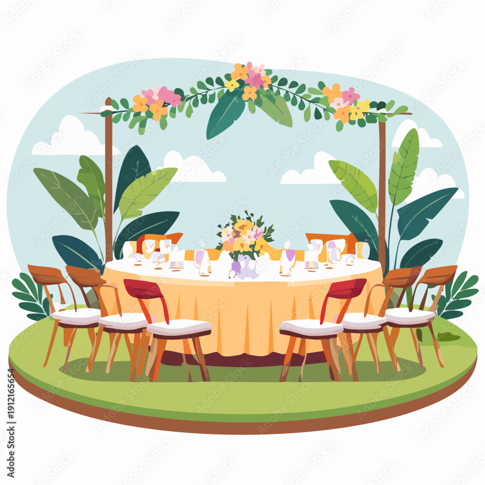 Obraz premium Outdoor wedding reception with decorated table and floral arch.