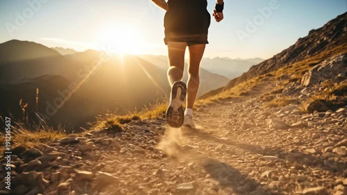 Person running on a mountain trail at sunset with dust particles.