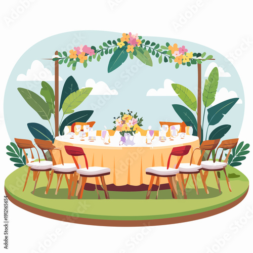 Outdoor wedding reception with decorated table and floral arch.