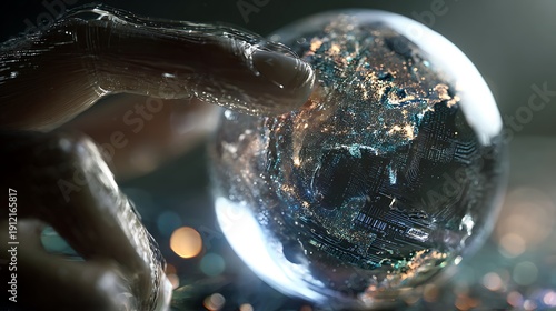 A hand tenderly holds a transparent orb, showing the illuminated Earth's city lights