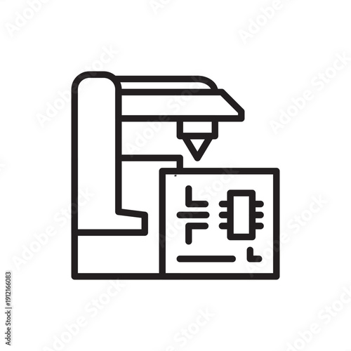 PCB router icon. Automated depaneling and circuit milling, represents CNC substrate cutting, prototype trace isolation, fiberglass board separation, or high-precision electronic manufacturing hardware