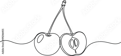 Continuous line drawing of fresh cherries with stems