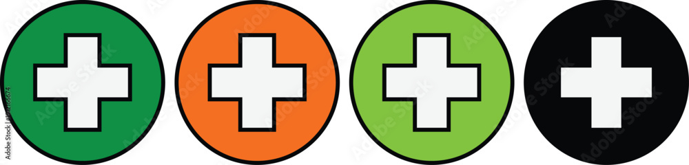 Obraz premium Four Oval With White Crosses Green Orange Light Green Black symbol health medical