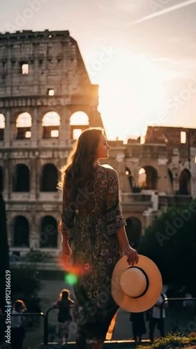 A woman walking towards the Colosseum at sunset, holding a hat. Represents travel, exploration, history, monument, and a sunny vacation in a European city