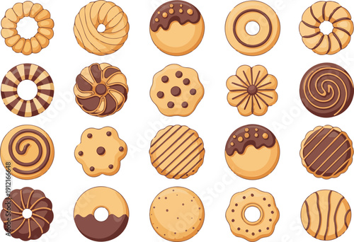 Cartoon Cookies Set  Isolated Chocolate and Nut Biscuits Vector Clipart for Bakery and Kids Desserts
