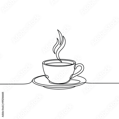 Steaming cup of coffee on saucer in elegant line art style