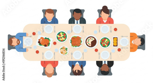 Diverse group of people sitting around a table with various food plates and drinks in a meeting or social gathering