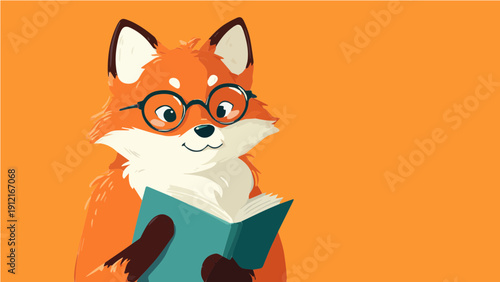 Vector Illustration of a Cute Fox Reading a Book with Glasses