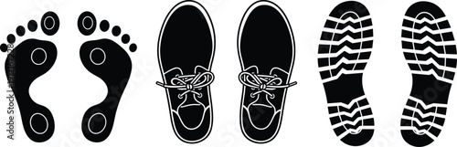 Bare feet, dress shoes and boot tread silhouettes, stylized footprint vector illustration comparing human foot, formal footwear and sole patterns for design and educational projects
