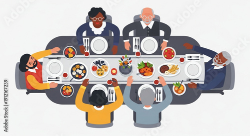 Diverse group of people enjoying a meal together at a long table with various dishes and food
