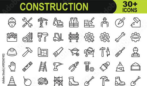 Construction and Building Tools Vector Icons - Minimalist Outline Set for Engineering, Repair, and Architecture