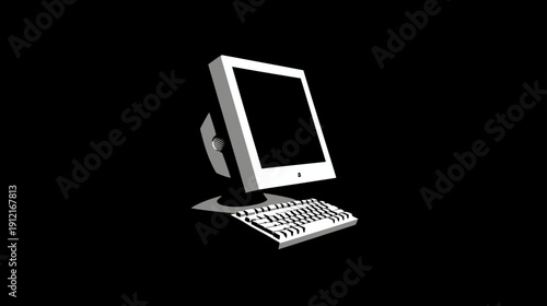 Retro desktop computer setup with CRT monitor and keyboard illustration on black background. Vintage old-school technology design.