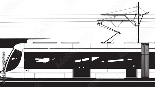 Monochrome illustration of a modern high-speed train along overhead electric lines, stylized rail journey.