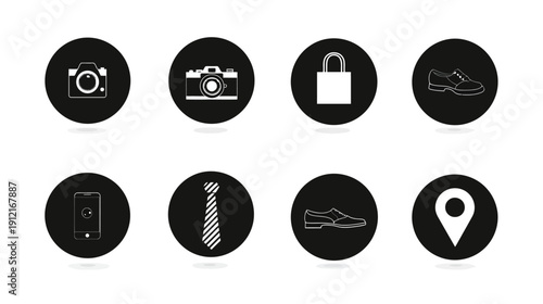Modern flat design black circle vector icons set. Includes camera, padlock, smartphone, tie, dress shoe, and location pin symbols.