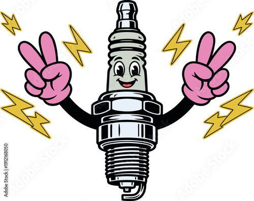 Vibrant and cheerful spark plug mascot with peace signs, radiating positive energy and mechanical power, ideal for automotive themes