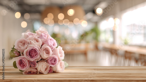 Romantic Pink Rose Bouquet on Wooden Table, Modern Office Background, Mock-Up Template with Copy Space
